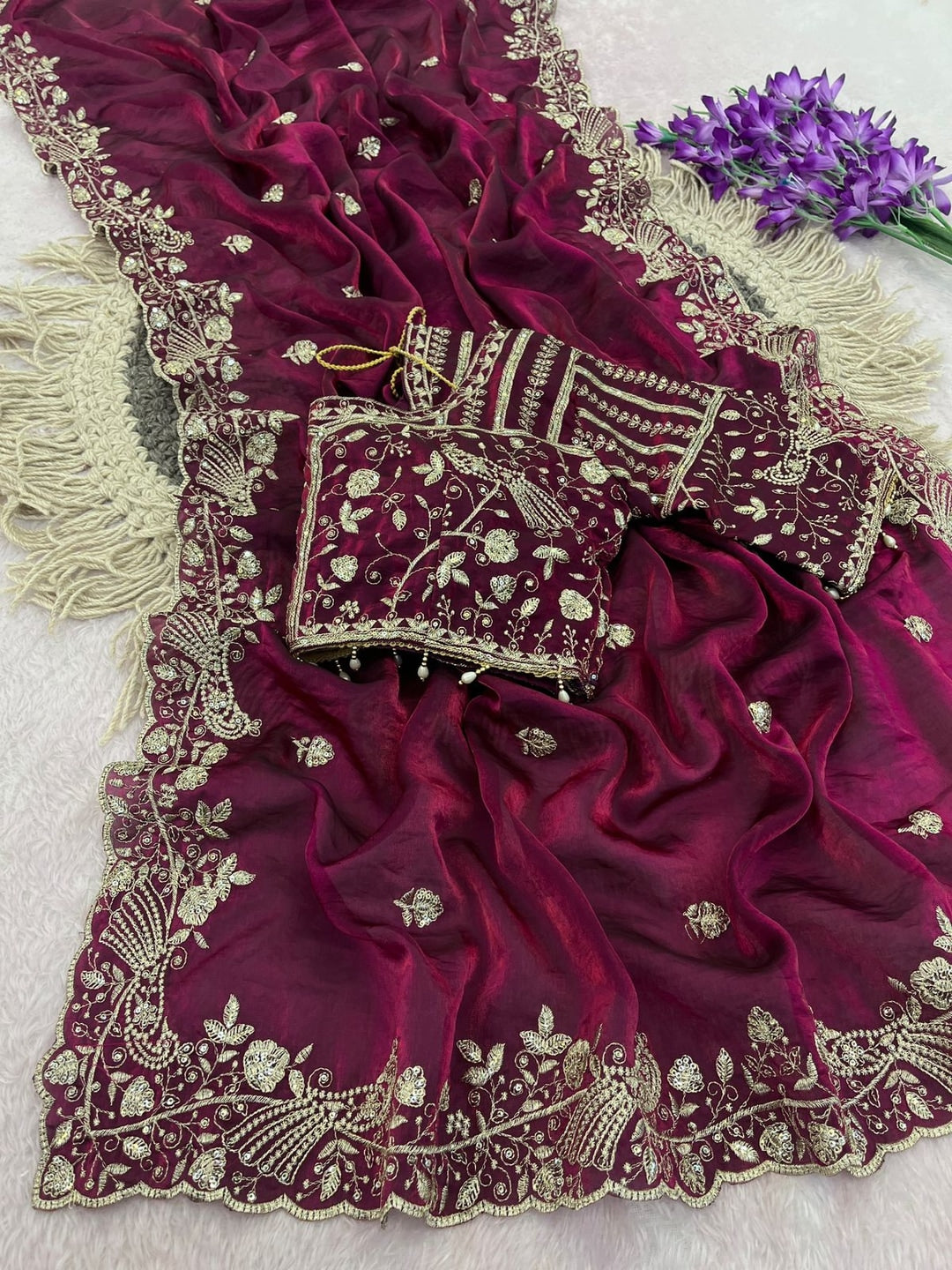 Peachmode Wine Fandy Satin Silk Saree with Sequins, Zari Embroidery and Cutwork Border - Image 2
