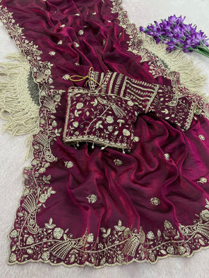 Peachmode Wine Fandy Satin Silk Saree with Sequins, Zari Embroidery and Cutwork Border - Image 2