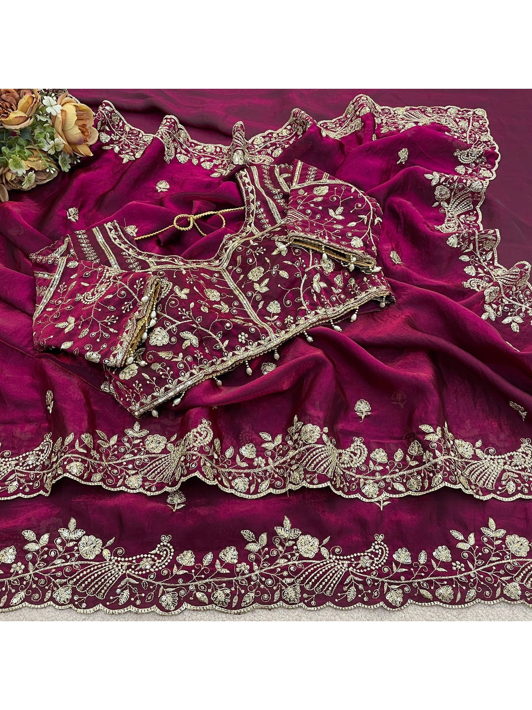 Peachmode Wine Fandy Satin Silk Saree with Sequins, Zari Embroidery and Cutwork Border - Image 3
