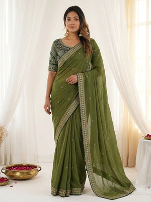 Peachmode Olive Rangoli Silk Saree with Sequins, Zari Embroidery and Multi Arco Border - Image 1