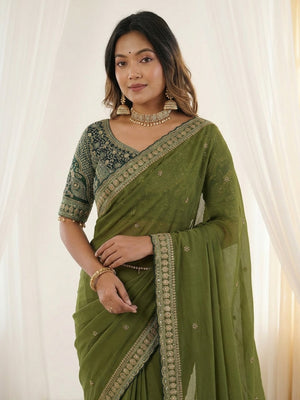 Peachmode Olive Rangoli Silk Saree with Sequins, Zari Embroidery and Multi Arco Border - Image 2