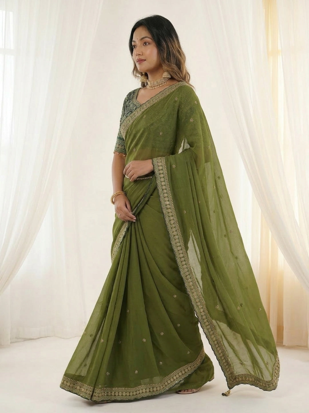 Peachmode Olive Rangoli Silk Saree with Sequins, Zari Embroidery and Multi Arco Border - Image 3