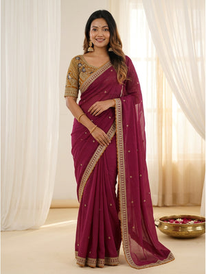 Peachmode Wine Rangoli Silk Saree with Sequins, Zari Embroidery and Multi Arco Border - Image 1