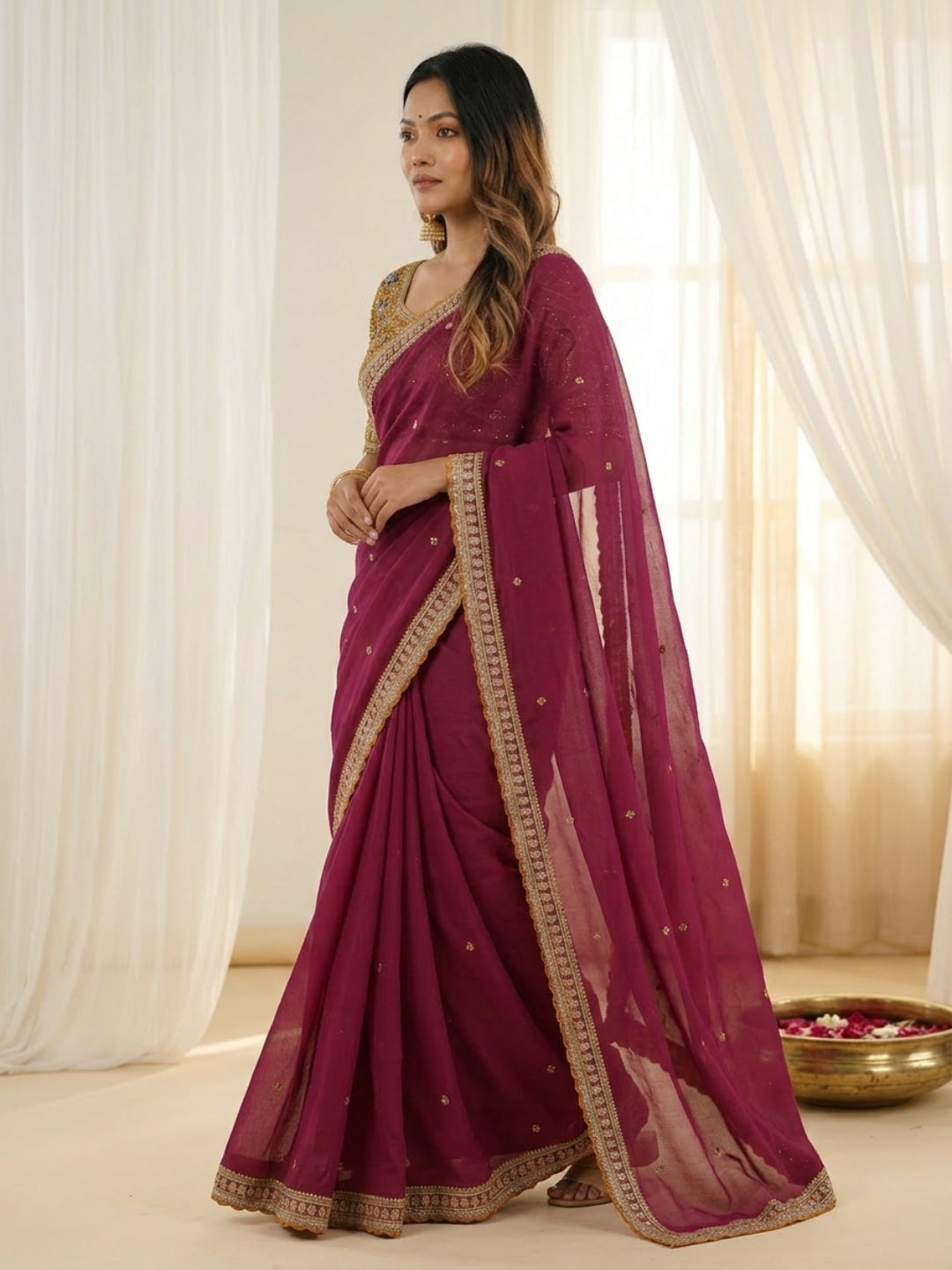 Peachmode Wine Rangoli Silk Saree with Sequins, Zari Embroidery and Multi Arco Border - Image 2
