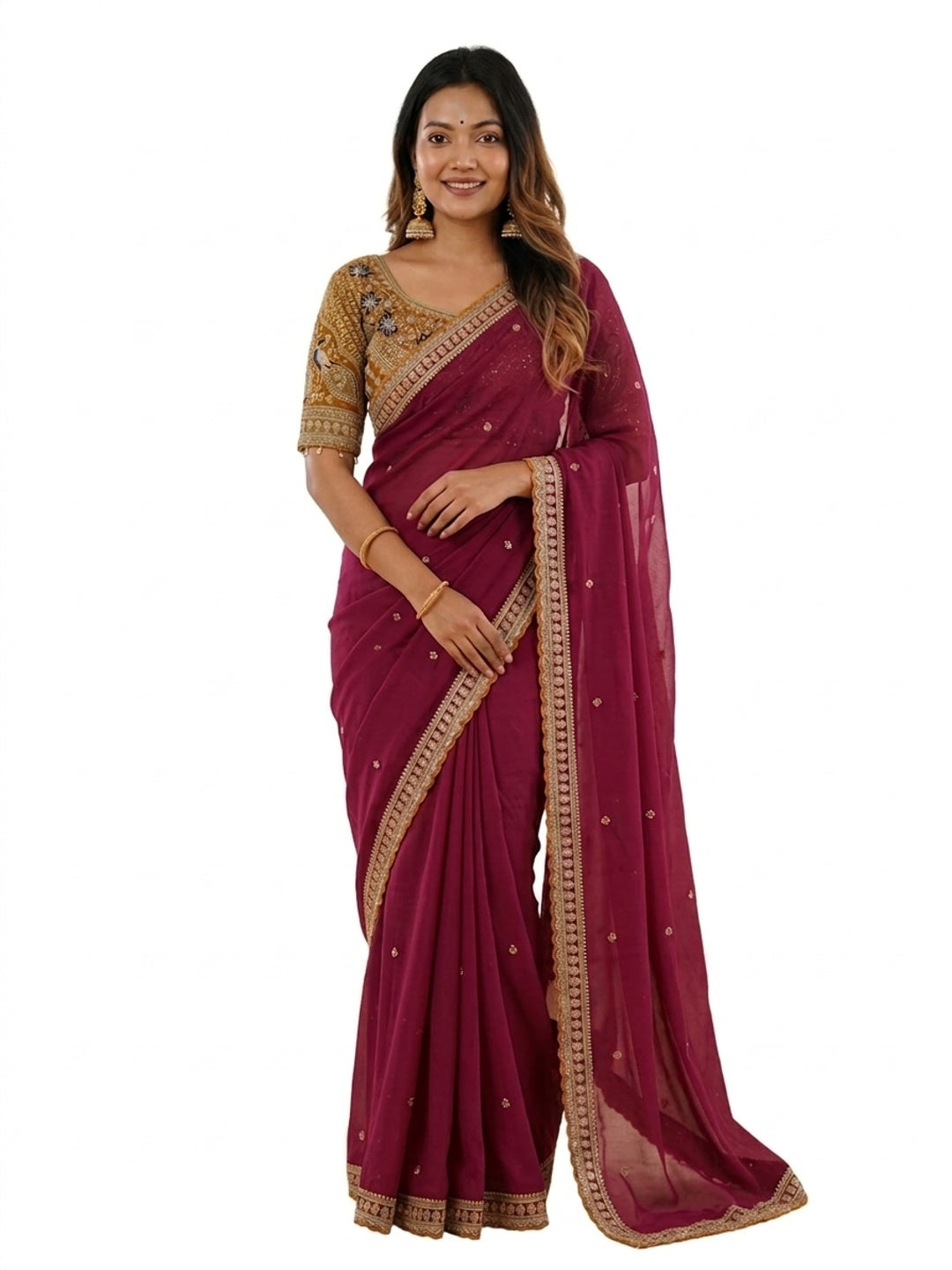 Peachmode Wine Rangoli Silk Saree with Sequins, Zari Embroidery and Multi Arco Border - Image 4
