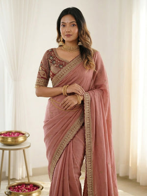 Peachmode Peach Rangoli Silk Saree with Sequins, Zari Embroidery and Multi Arco Border - Image 2