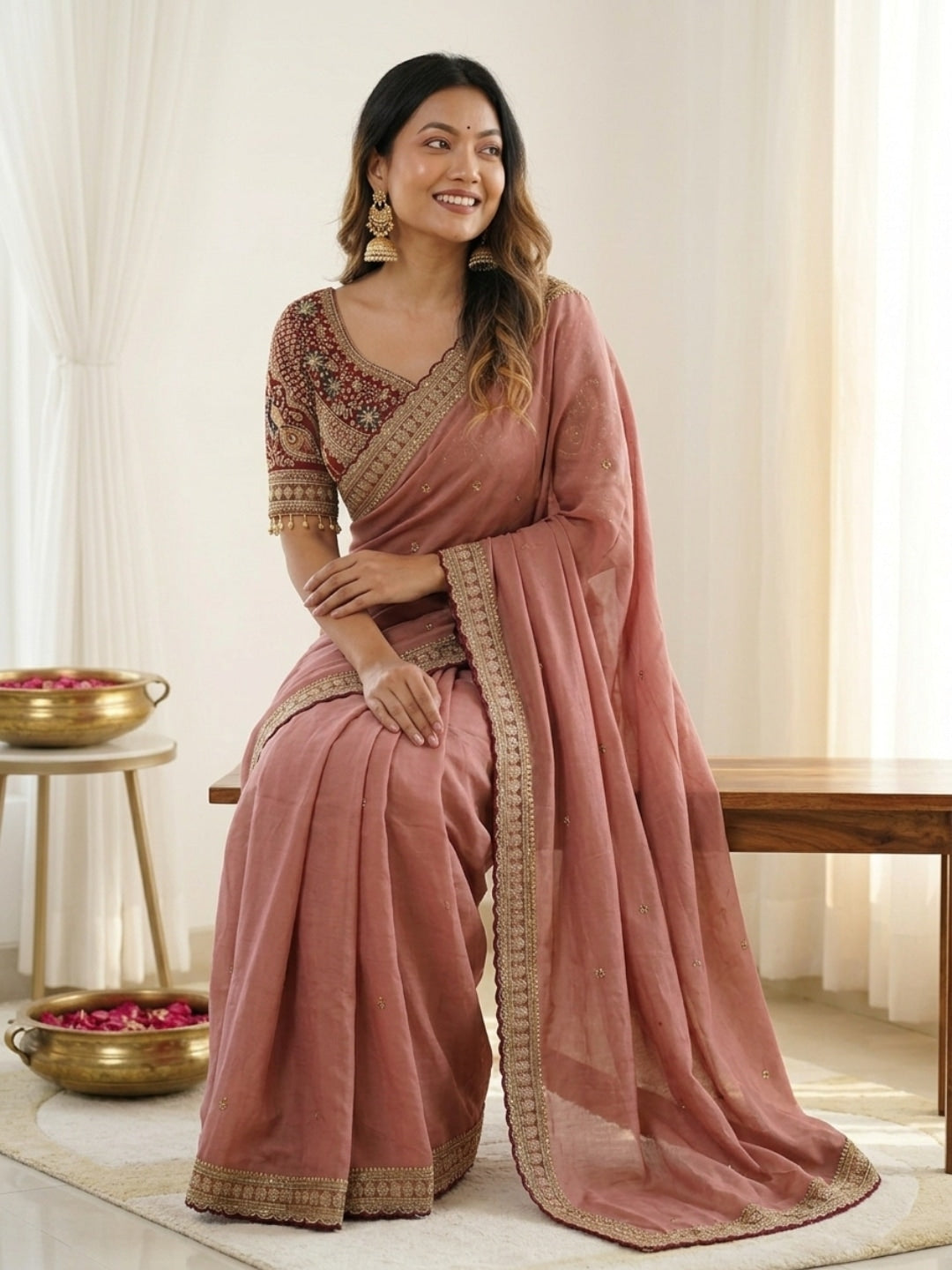 Peachmode Peach Rangoli Silk Saree with Sequins, Zari Embroidery and Multi Arco Border - Image 4