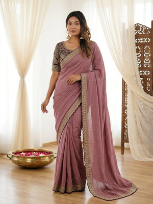Peachmode Mauve Rangoli Silk Saree with Sequins, Zari Embroidery and Multi Arco Border - Image 1