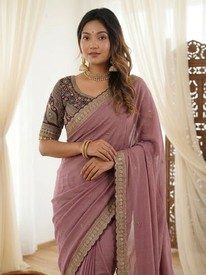 Peachmode Mauve Rangoli Silk Saree with Sequins, Zari Embroidery and Multi Arco Border - Image 2