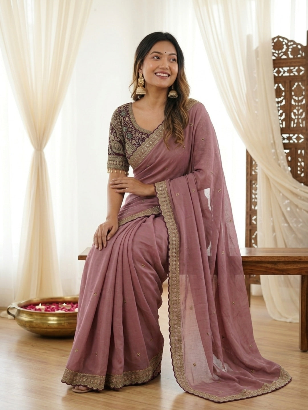 Peachmode Mauve Rangoli Silk Saree with Sequins, Zari Embroidery and Multi Arco Border - Image 4
