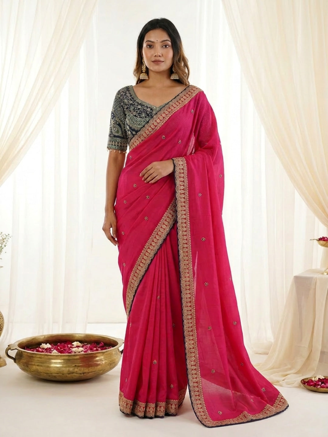 Peachmode Pink Rangoli Silk Saree with Sequins, Zari Embroidery and Multi Arco Border - Image 1