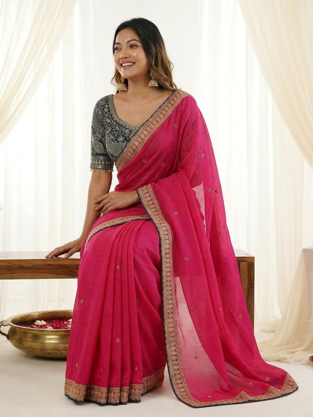 Peachmode Pink Rangoli Silk Saree with Sequins, Zari Embroidery and Multi Arco Border - Image 4