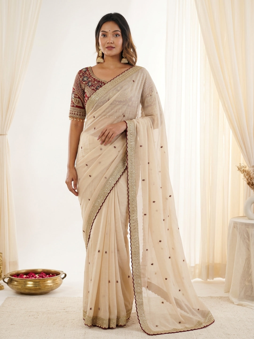 Peachmode Cream Rangoli Silk Saree with Sequins, Zari Embroidery and Multi Arco Border - Image 1