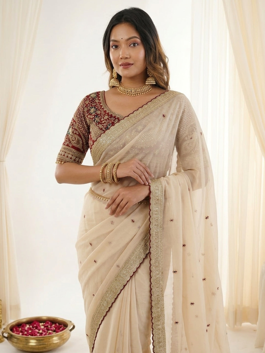 Peachmode Cream Rangoli Silk Saree with Sequins, Zari Embroidery and Multi Arco Border - Image 3