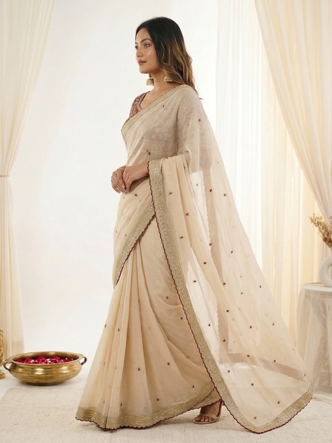 Peachmode Cream Rangoli Silk Saree with Sequins, Zari Embroidery and Multi Arco Border - Image 4