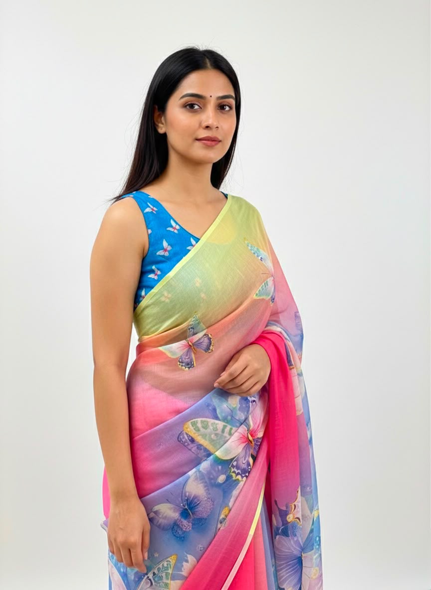 Peachmode Blue Soft Linen Saree with butterfly floral print - Image 5