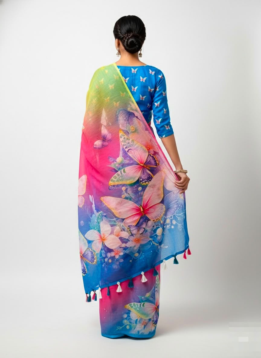 Peachmode Blue Soft Linen Saree with butterfly floral print - Image 6