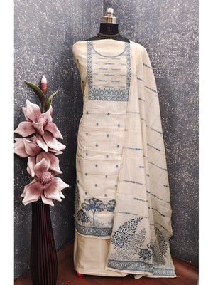 Peachmode Cream & Blue Linen Cotton Dress Material with Ethnic Motifs - Image 2