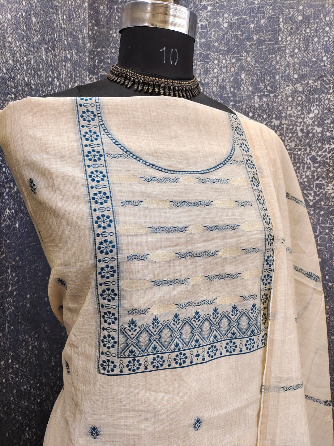 Peachmode Cream & Blue Linen Cotton Dress Material with Ethnic Motifs - Image 3