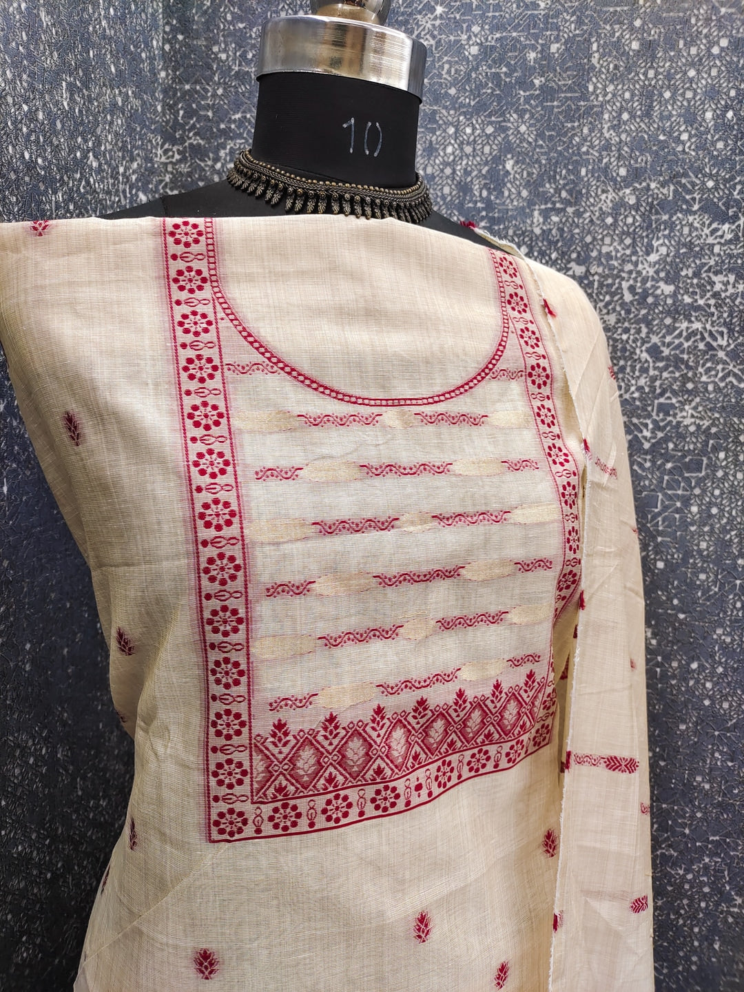 Peachmode Cream & Red Linen Cotton Dress Material with Ethnic Motifs - Image 3