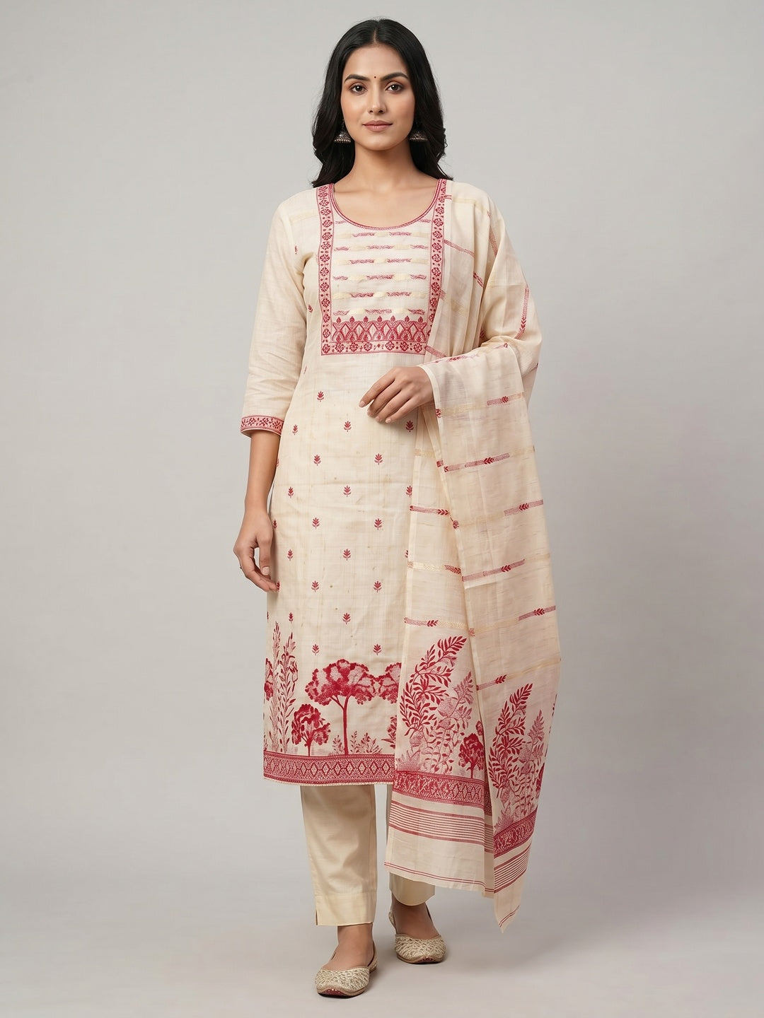 Peachmode Cream & Red Linen Cotton Dress Material with Ethnic Motifs - Image 1