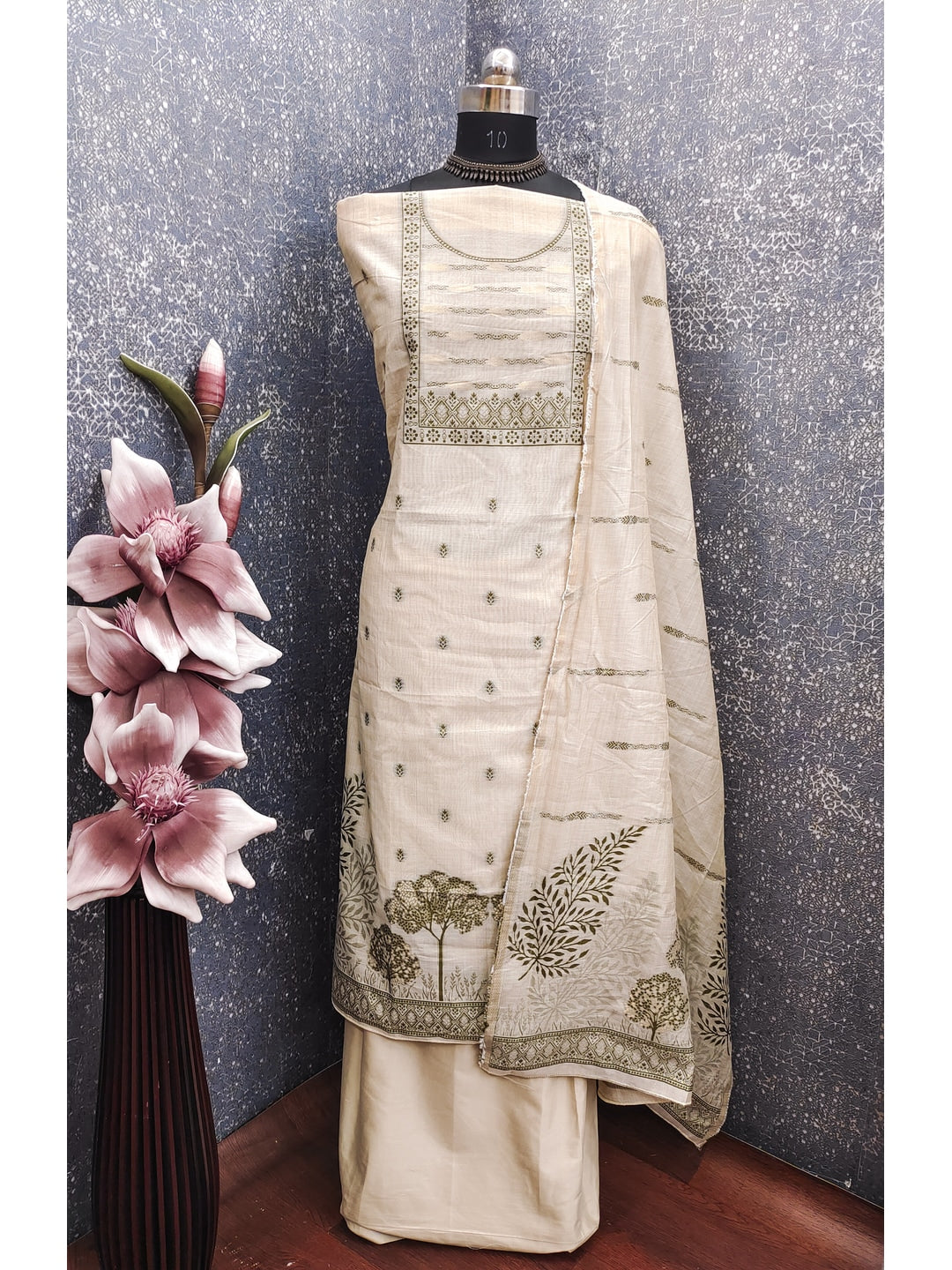 Peachmode Cream & Olive Linen Cotton Dress Material with Ethnic Motifs - Image 2