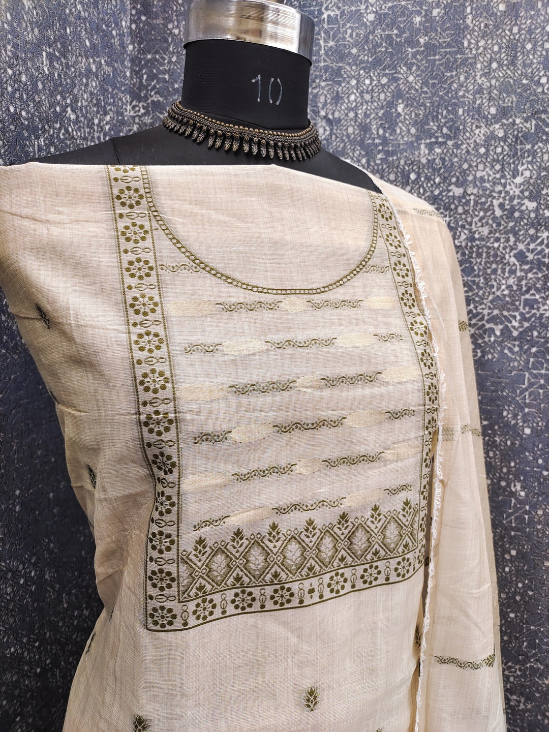 Peachmode Cream & Olive Linen Cotton Dress Material with Ethnic Motifs - Image 3