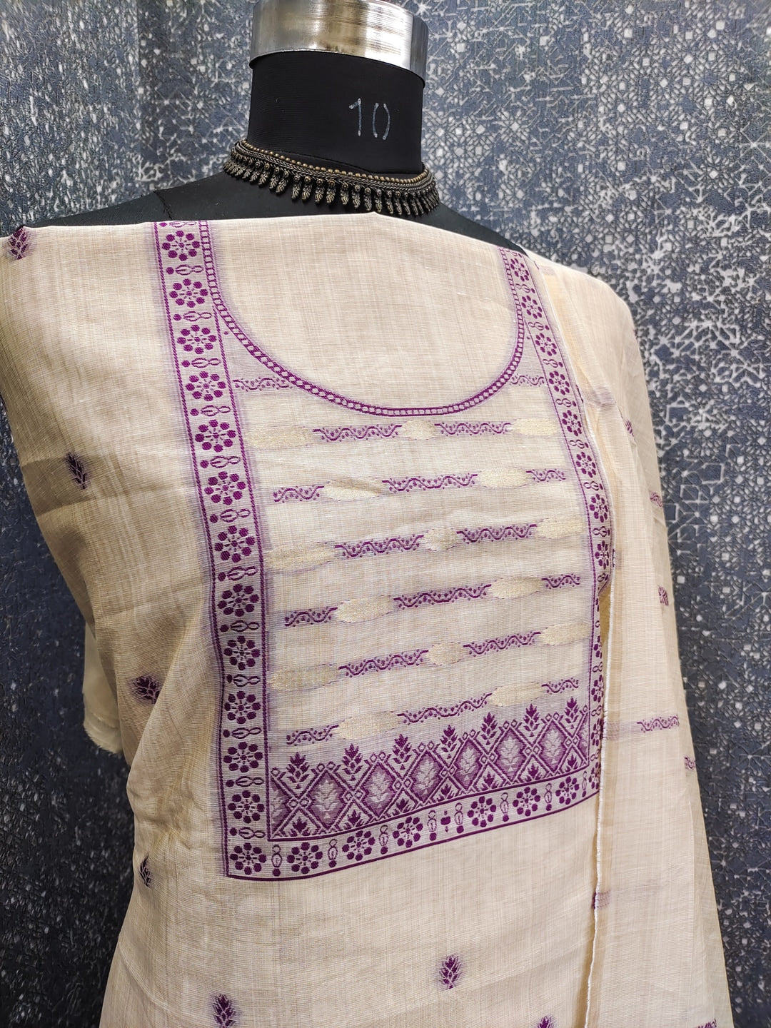 Peachmode Cream & Purple Linen Cotton Dress Material with Ethnic Motifs - Image 3