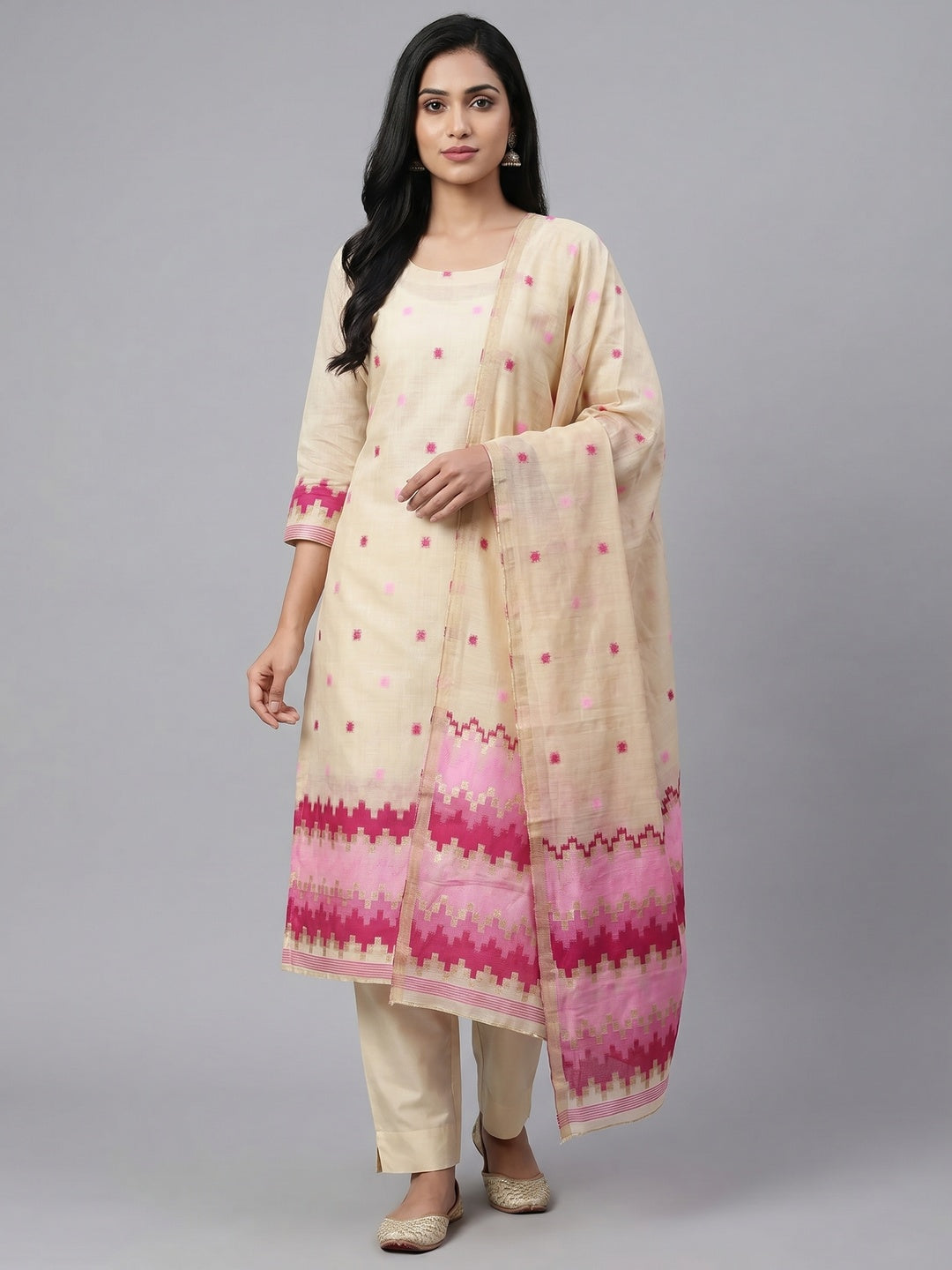 Peachmode Pink Cotton Dress Material with Ethnic Motifs - Image 1