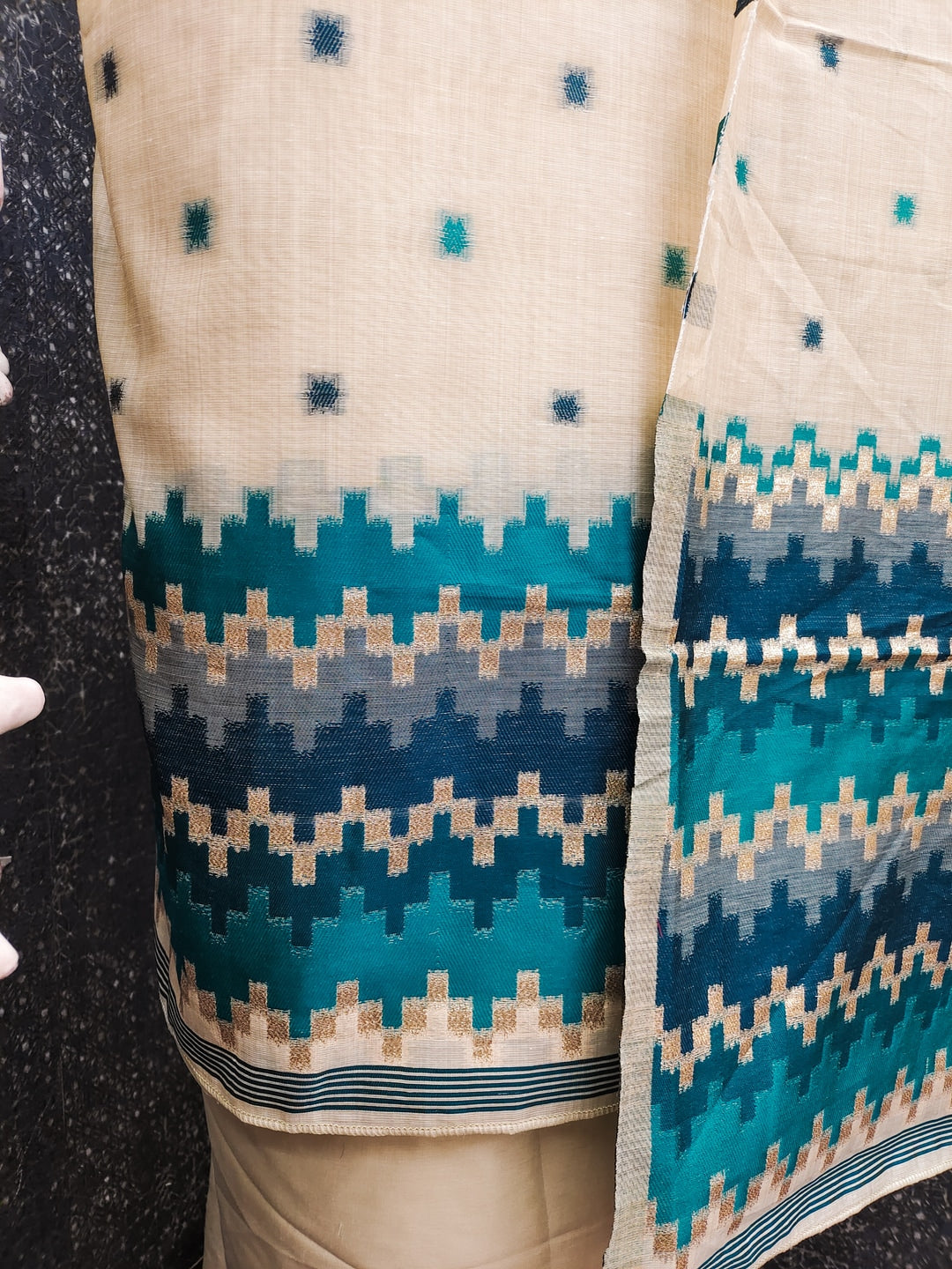 Peachmode Cream & Teal Linen Cotton Dress Material with Ethnic Motifs - Image 3
