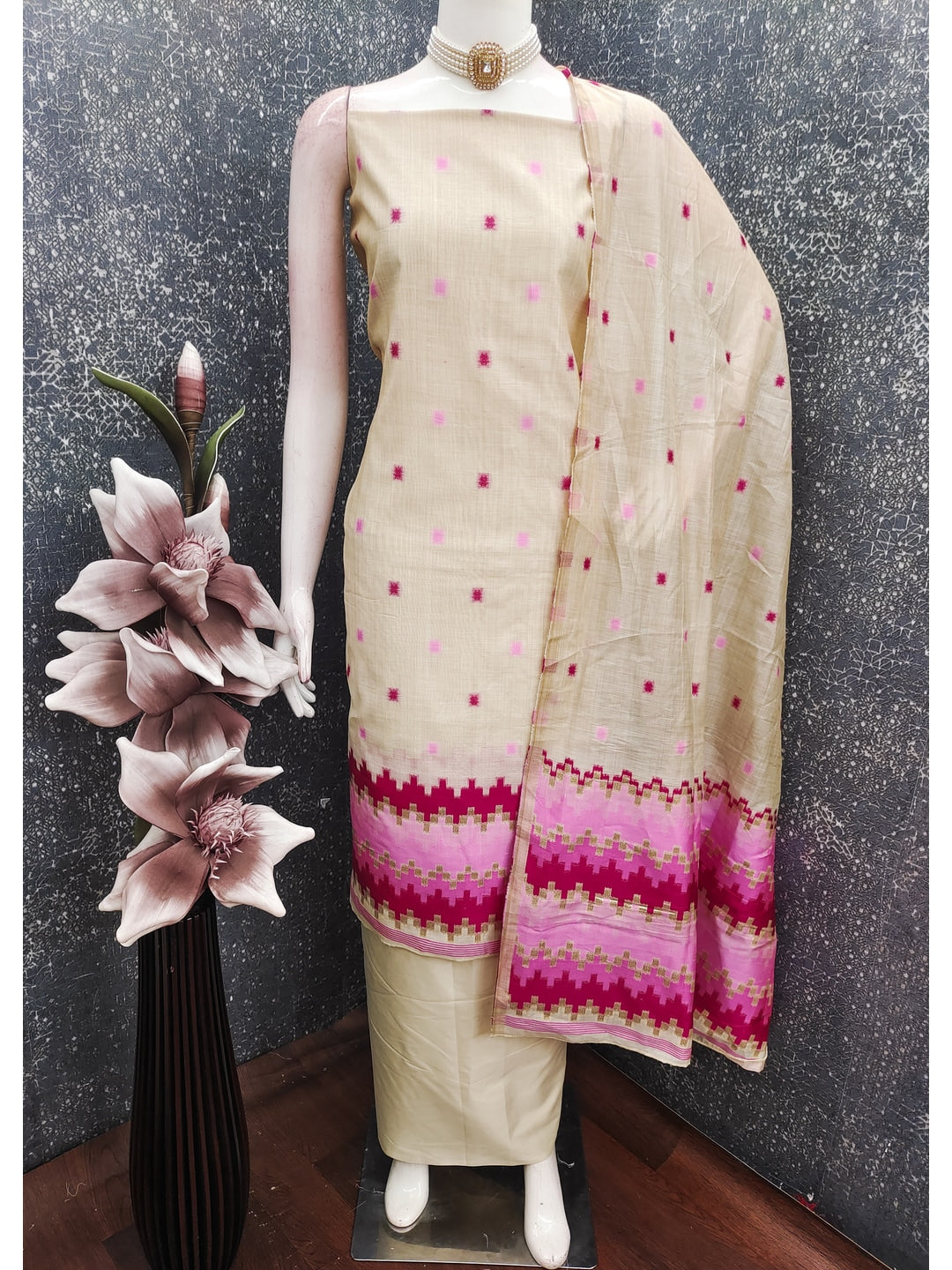 Peachmode Cream & Pink Linen Cotton Dress Material with Ethnic Motifs - Image 3
