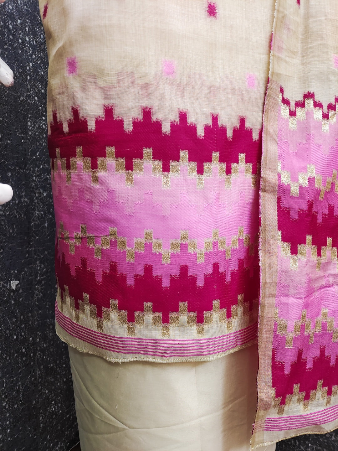 Peachmode Cream & Pink Linen Cotton Dress Material with Ethnic Motifs - Image 4