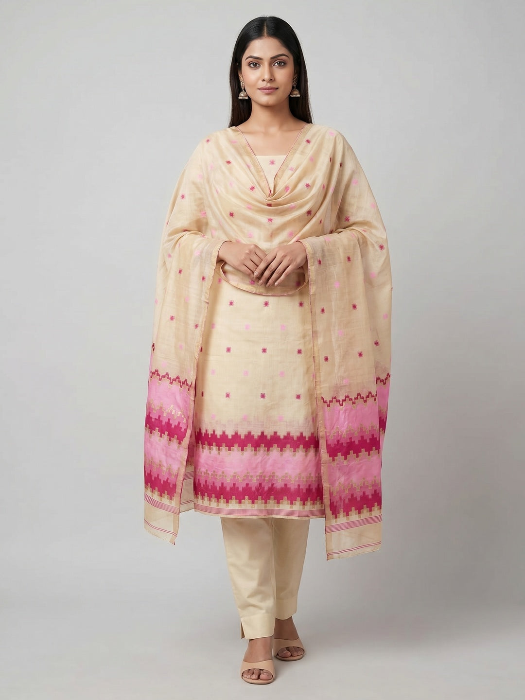 Peachmode Cream & Pink Linen Cotton Dress Material with Ethnic Motifs - Image 2