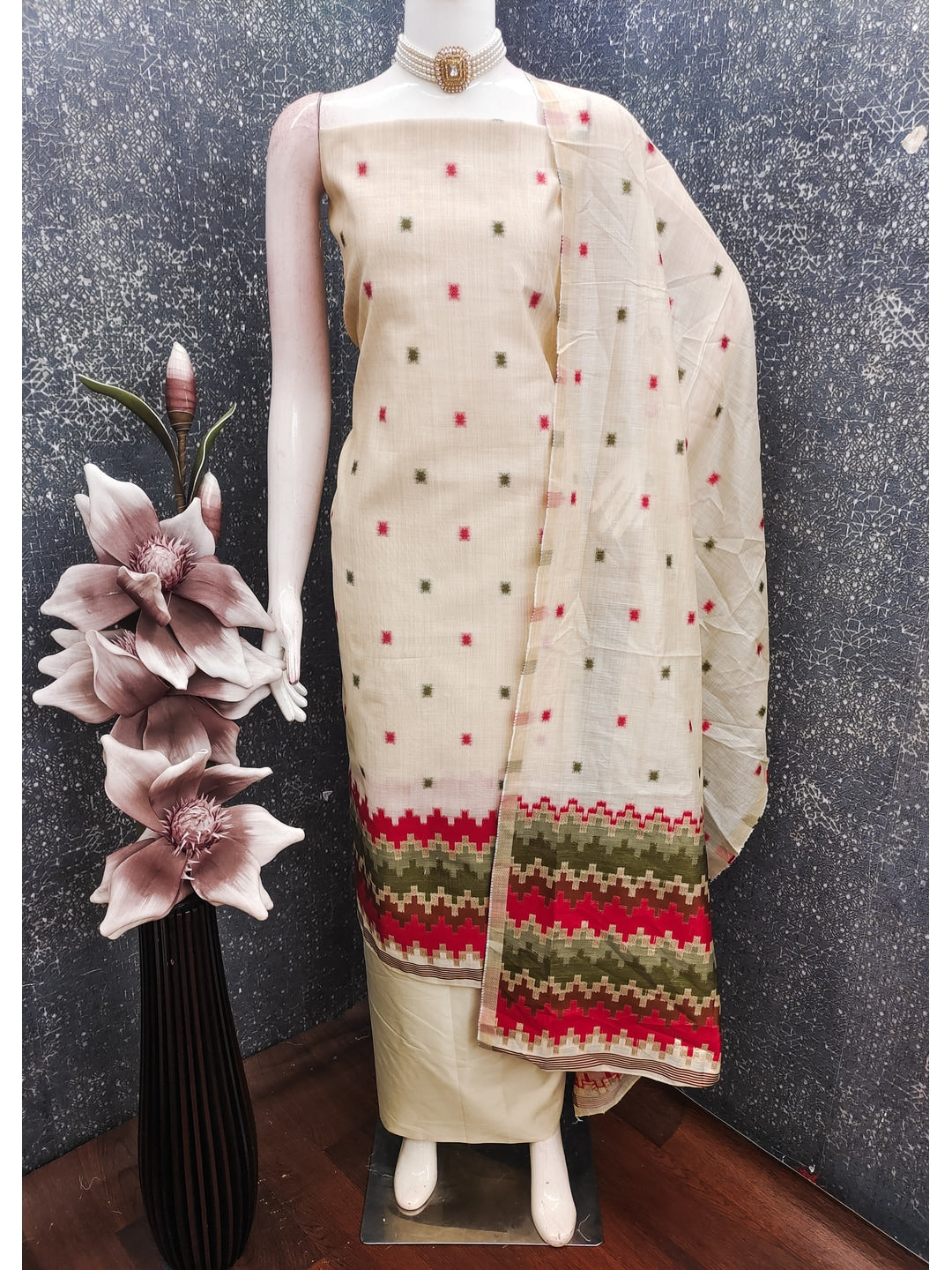 Peachmode Cream & Olive Linen Cotton Dress Material with Ethnic Motifs - Image 3