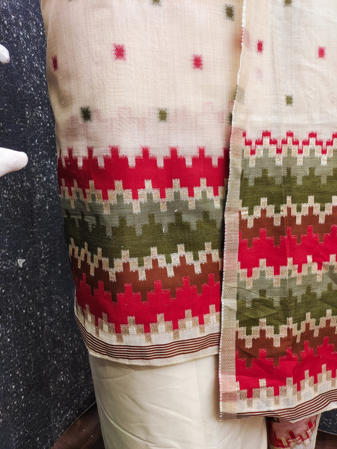 Peachmode Cream & Olive Linen Cotton Dress Material with Ethnic Motifs - Image 4