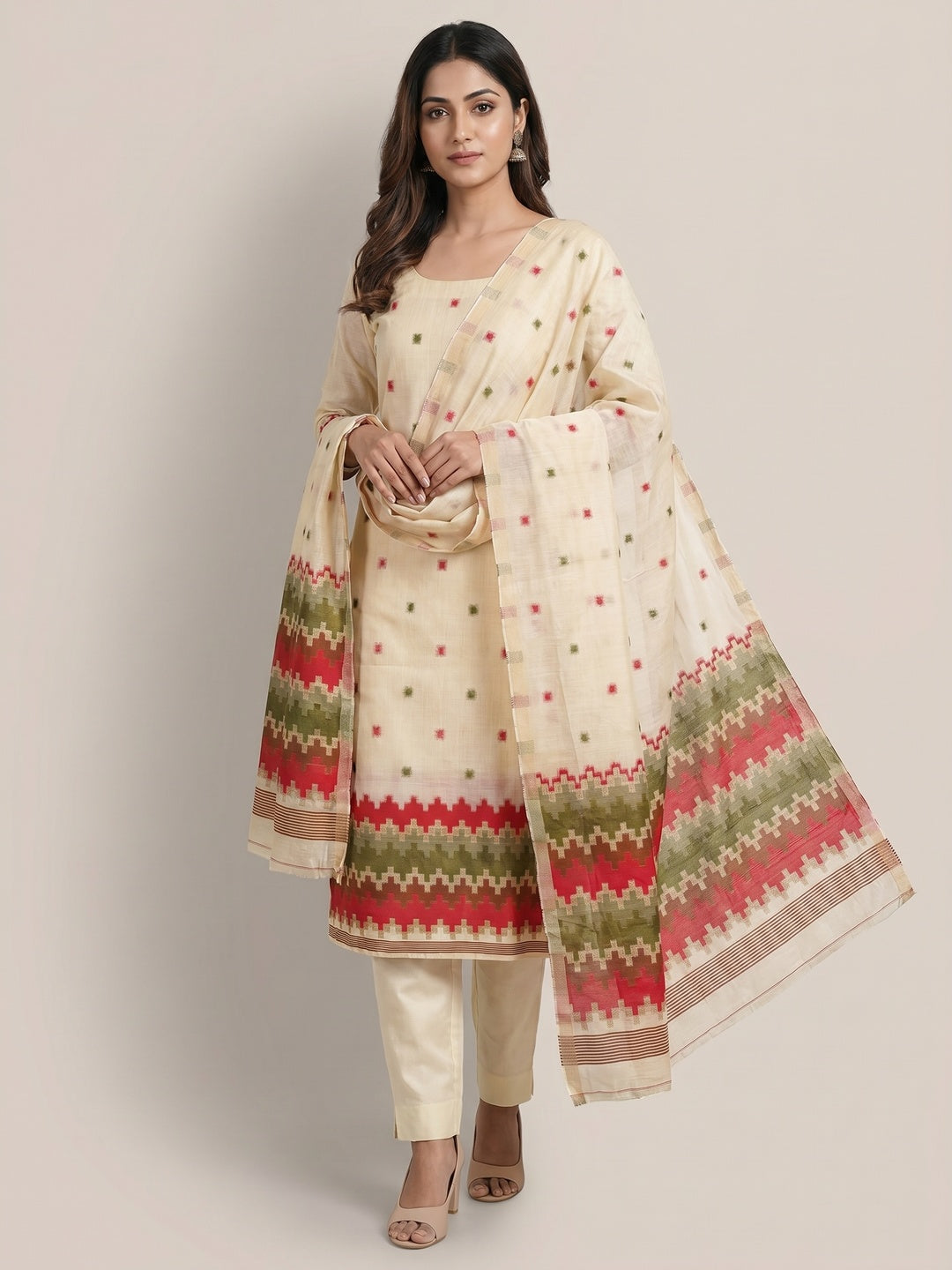 Peachmode Cream & Olive Linen Cotton Dress Material with Ethnic Motifs - Image 2