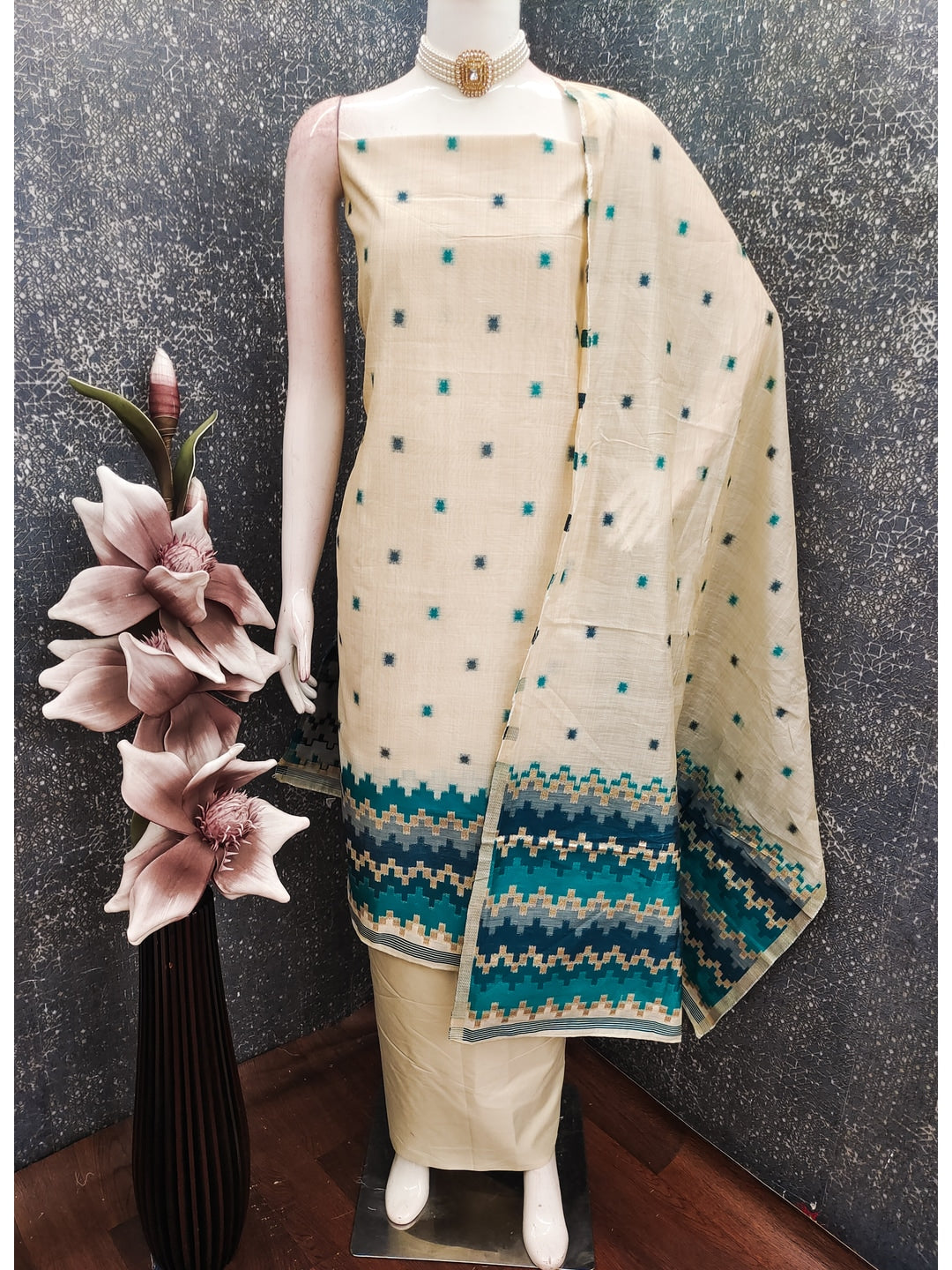Peachmode Cream & Teal Linen Cotton Dress Material with Ethnic Motifs - Image 2