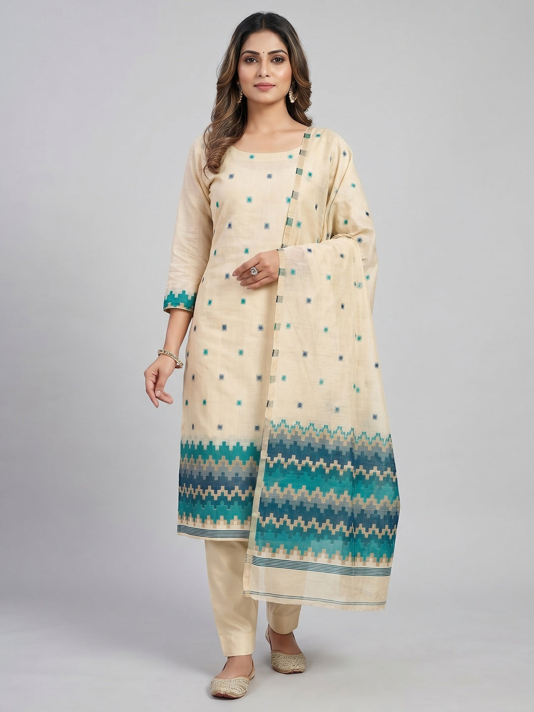 Peachmode Cream & Teal Linen Cotton Dress Material with Ethnic Motifs - Image 1