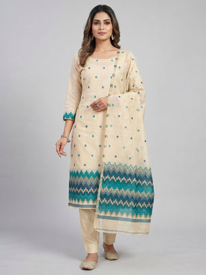 Peachmode Cream & Teal Linen Cotton Dress Material with Ethnic Motifs - Image 1