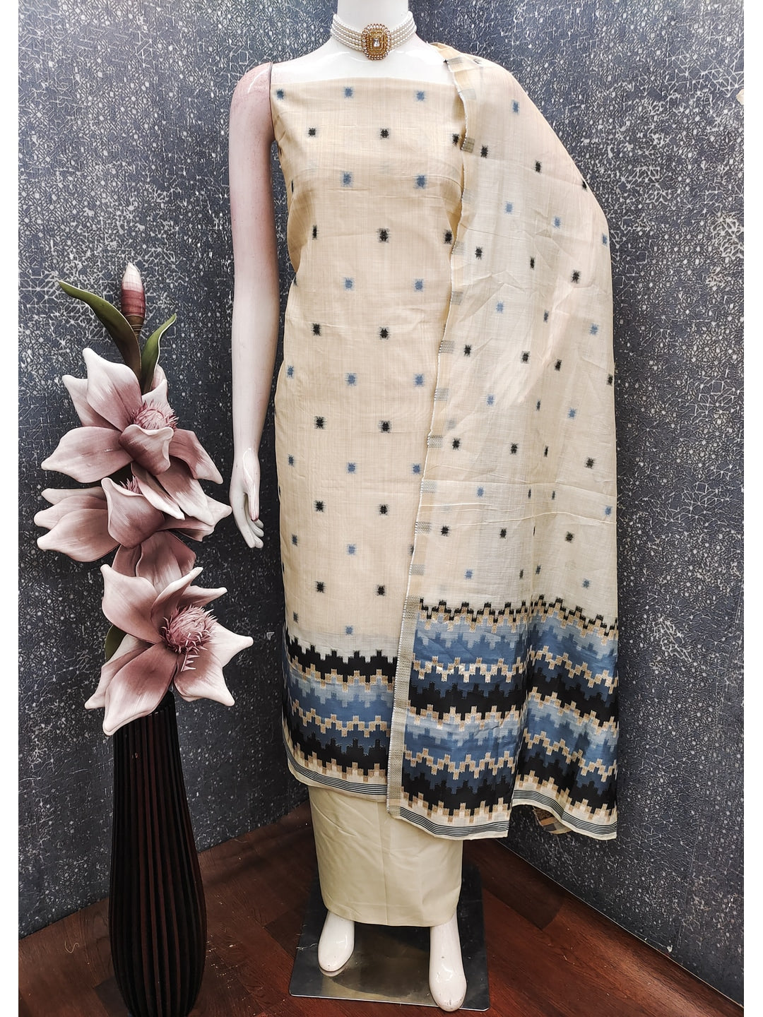 Peachmode Cream & Grey Linen Cotton Dress Material with Ethnic Motifs - Image 2