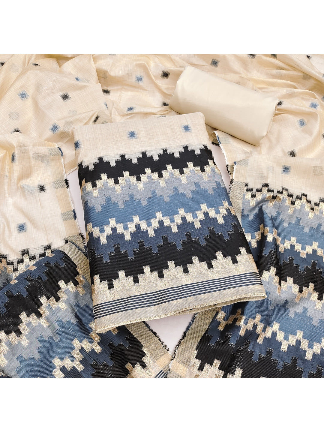 Peachmode Cream & Grey Linen Cotton Dress Material with Ethnic Motifs - Image 4