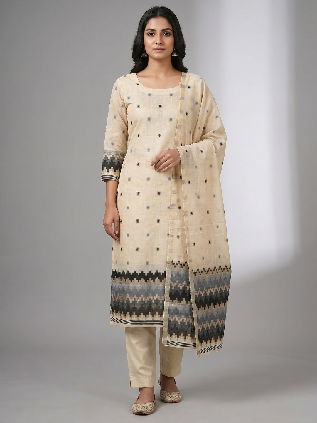 Peachmode Cream & Grey Linen Cotton Dress Material with Ethnic Motifs - Image 1