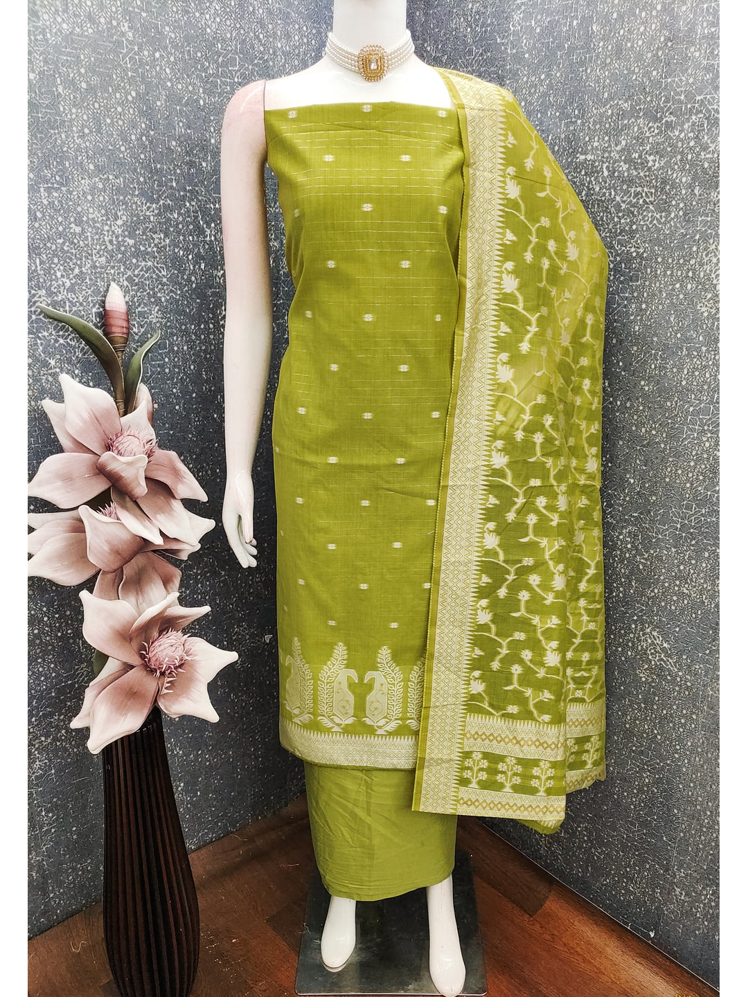 Peachmode Olive Cotton Dress Material with Ethnic Motifs - Image 4