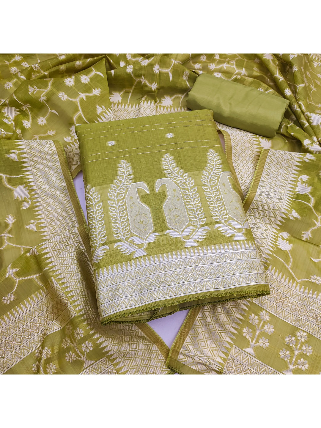 Peachmode Olive Cotton Dress Material with Ethnic Motifs - Image 1
