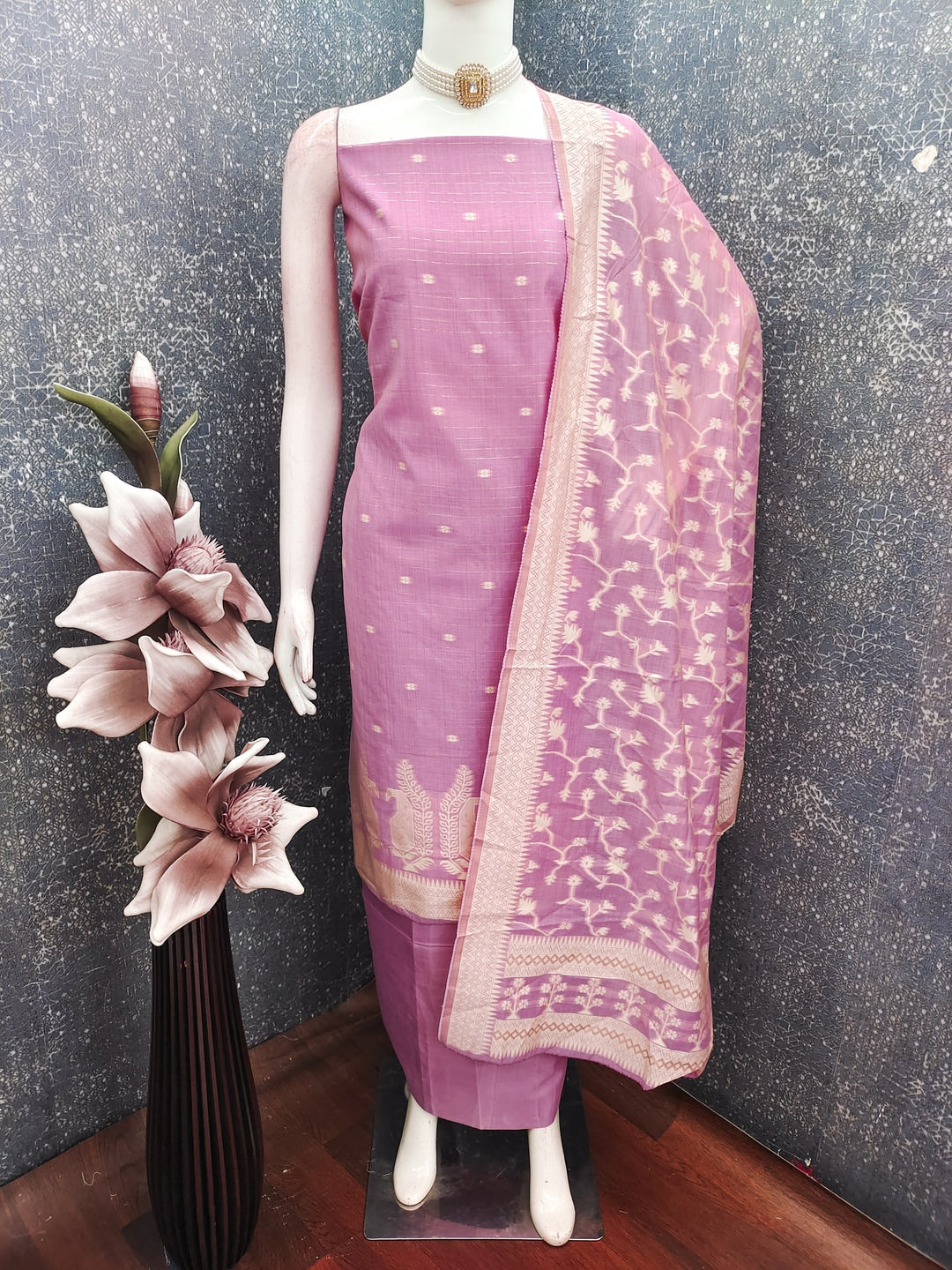 Peachmode Pink Cotton Dress Material with Ethnic Motifs - Image 4
