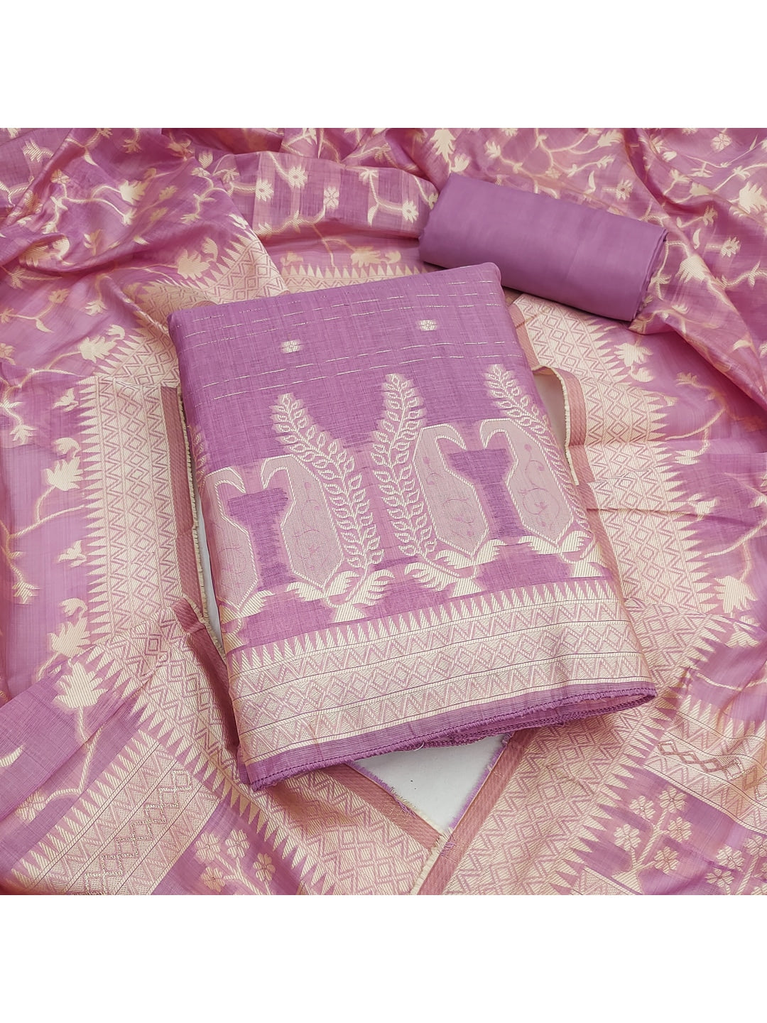 Peachmode Pink Cotton Dress Material with Ethnic Motifs - Image 5