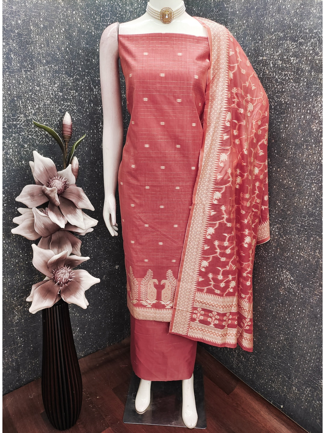 Peachmode Coral Cotton Dress Material with Ethnic Motifs - Image 3