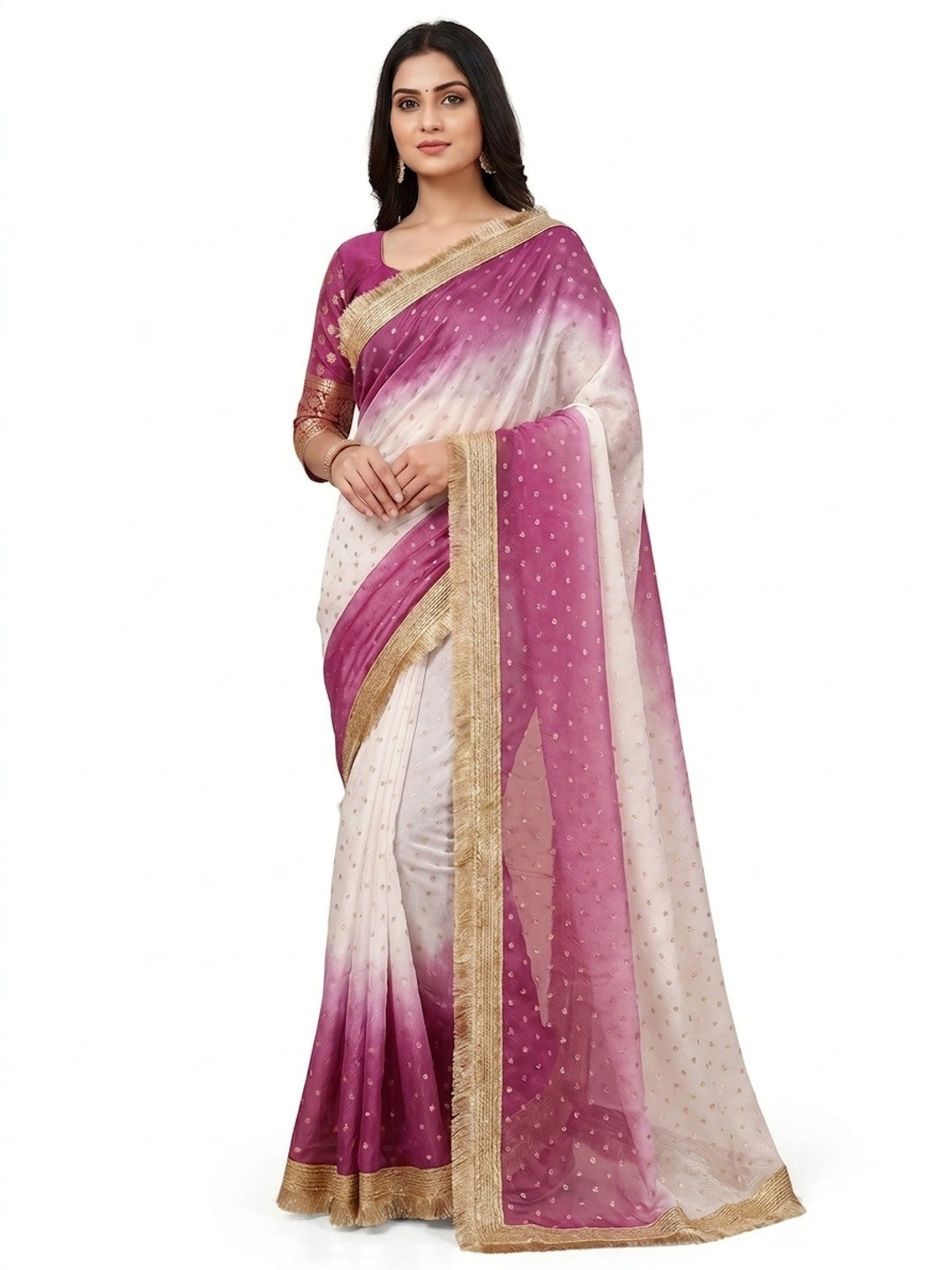 Peachmode Magenta Satin Saree with Jacquard Butti Work - Image 4