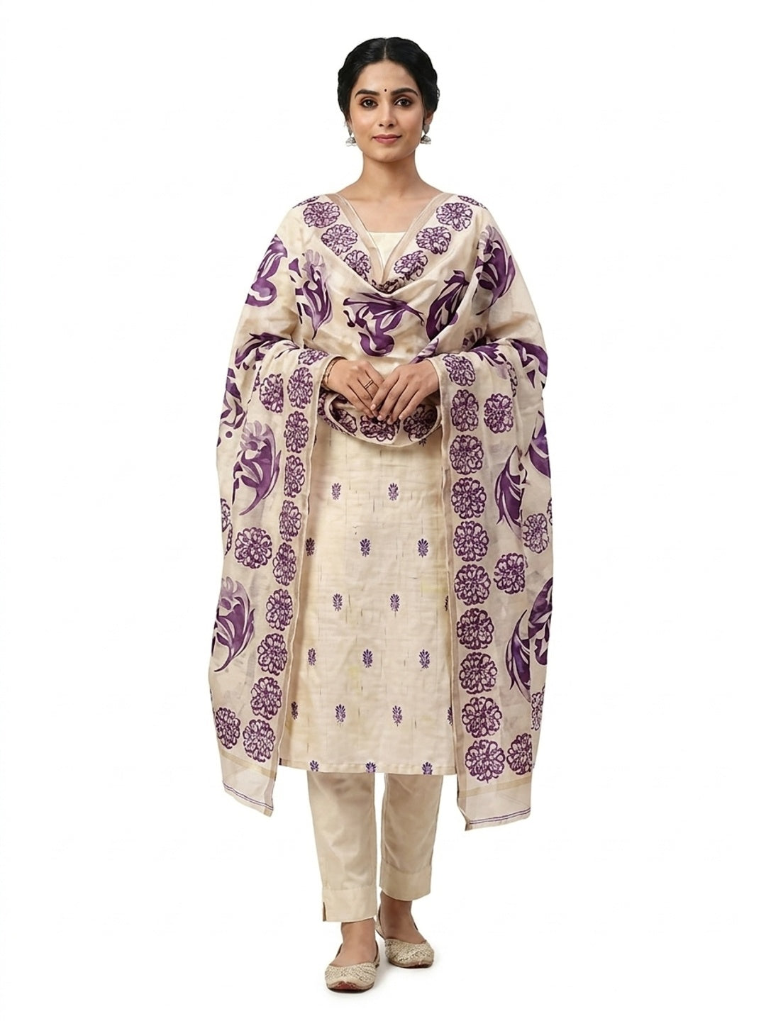 Peachmode Cream & Purple Linen Cotton Dress Material with Ethnic Motifs - Image 3