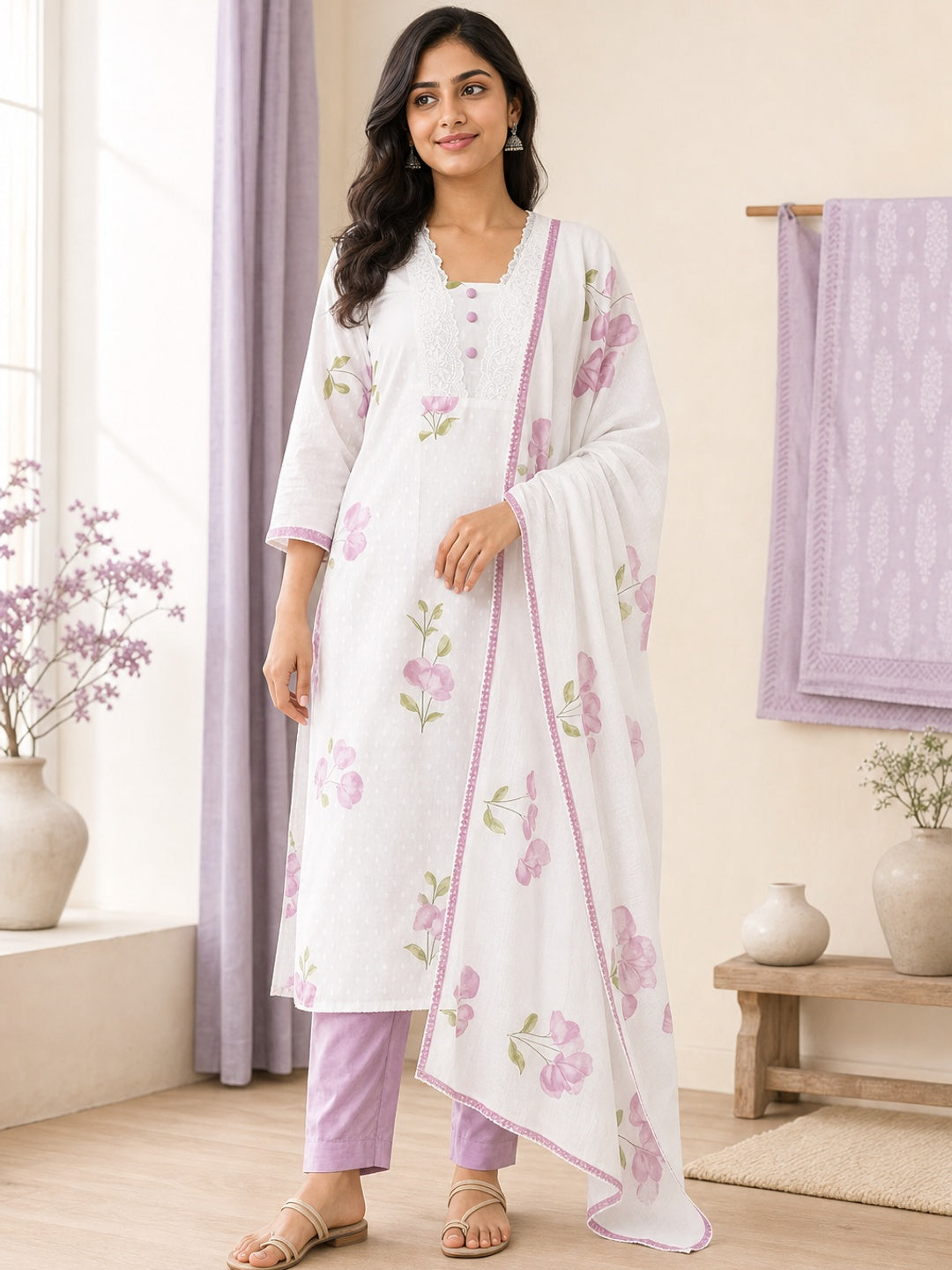 White Pure Cotton White & Purple Floral Printed Salwar Suit Set - Image 1